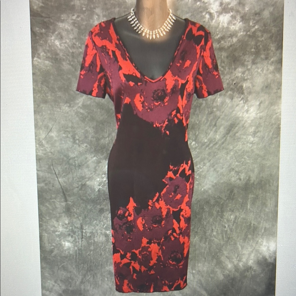 Elegant Beautiful St John Red and Black Knit Floral Dress